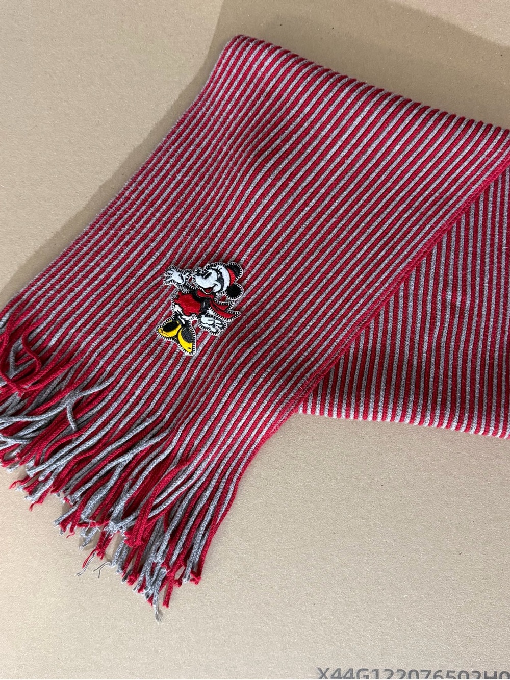 Disney Store Mickey Mouse Knit Fringe Scarf Red Gray Striped Unisex Cozy Cotton
